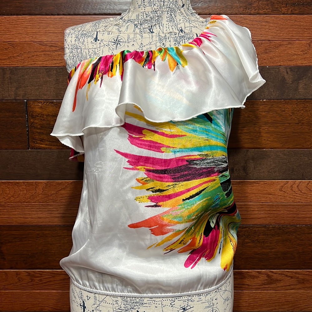 No Brand Tag Ruffled One Shoulder Scoop Neck Floral Blouse